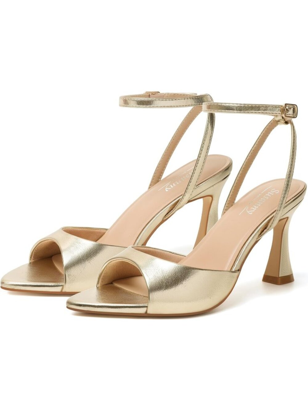 Women's Gold Pu Pointed Open Toe Strappy Chunky Block Heel Ankle Strap Shoes
